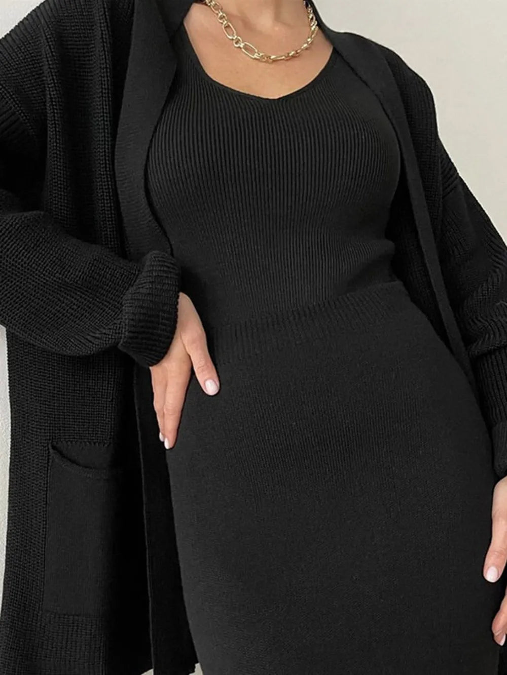 Open Front Cardigan and Midi Skirt Sweater Set