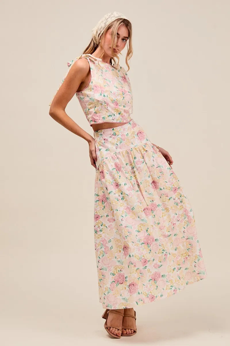Floral Printed Shoulder Tie Top and Skirt Set