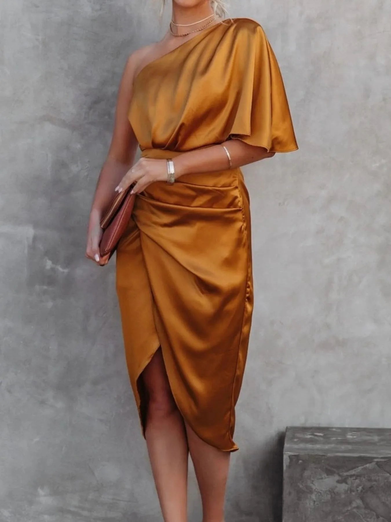 One-Shoulder Satin Wrap Dress