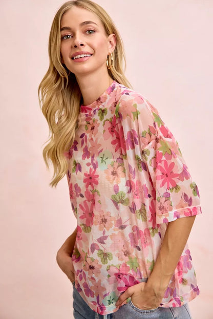 Floral Print Short Sleeves Boxy Mesh Top - Detail View 6