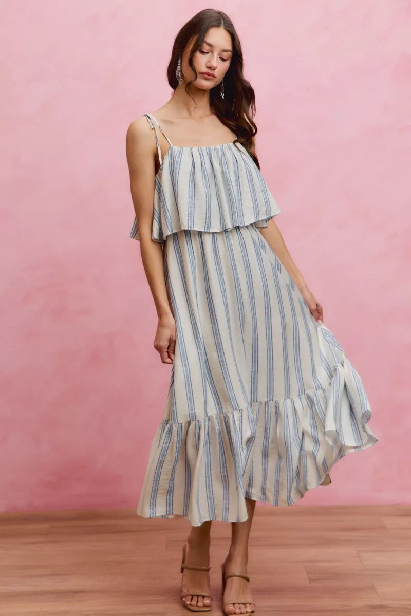 Stripe Shoulder Tie Midi Dress