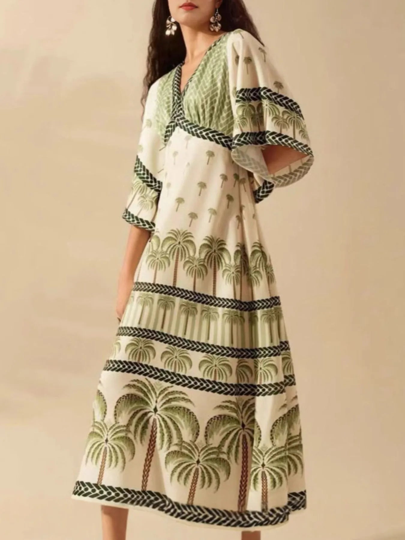 Silky Kimono Printed V-Neck Midi Dress