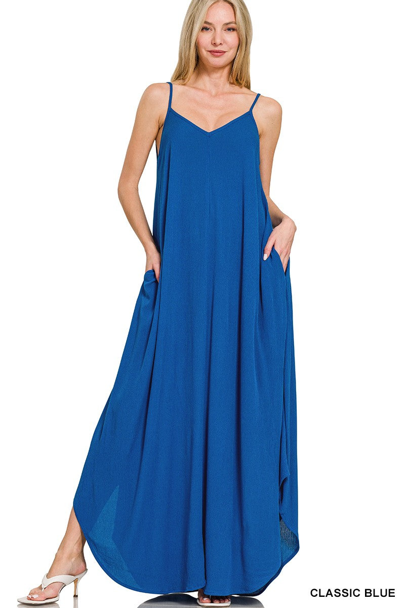 Crinkle Cami Maxi Dress with Pockets - Royal Blue