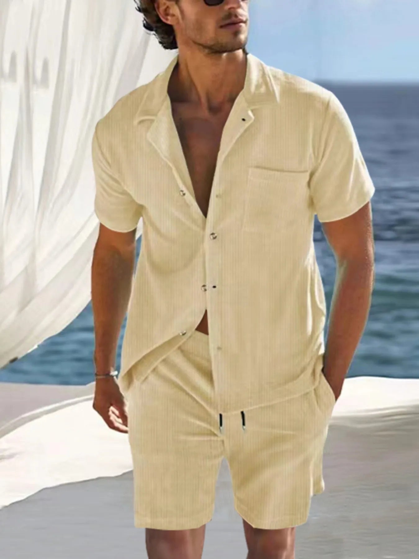 Men's Button Down Top and Shorts Set