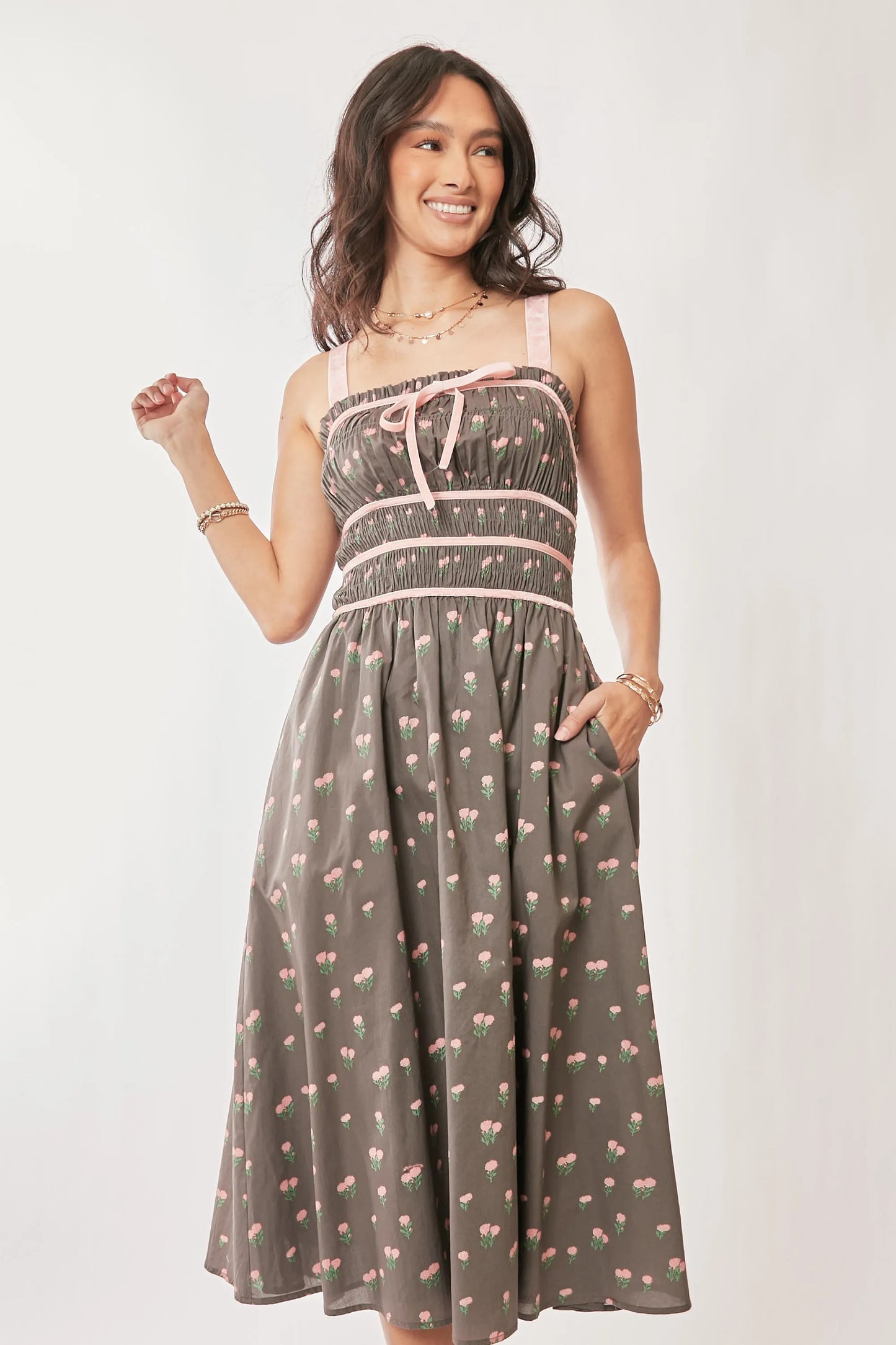 Women's Floral Print Smocked Midi Dress