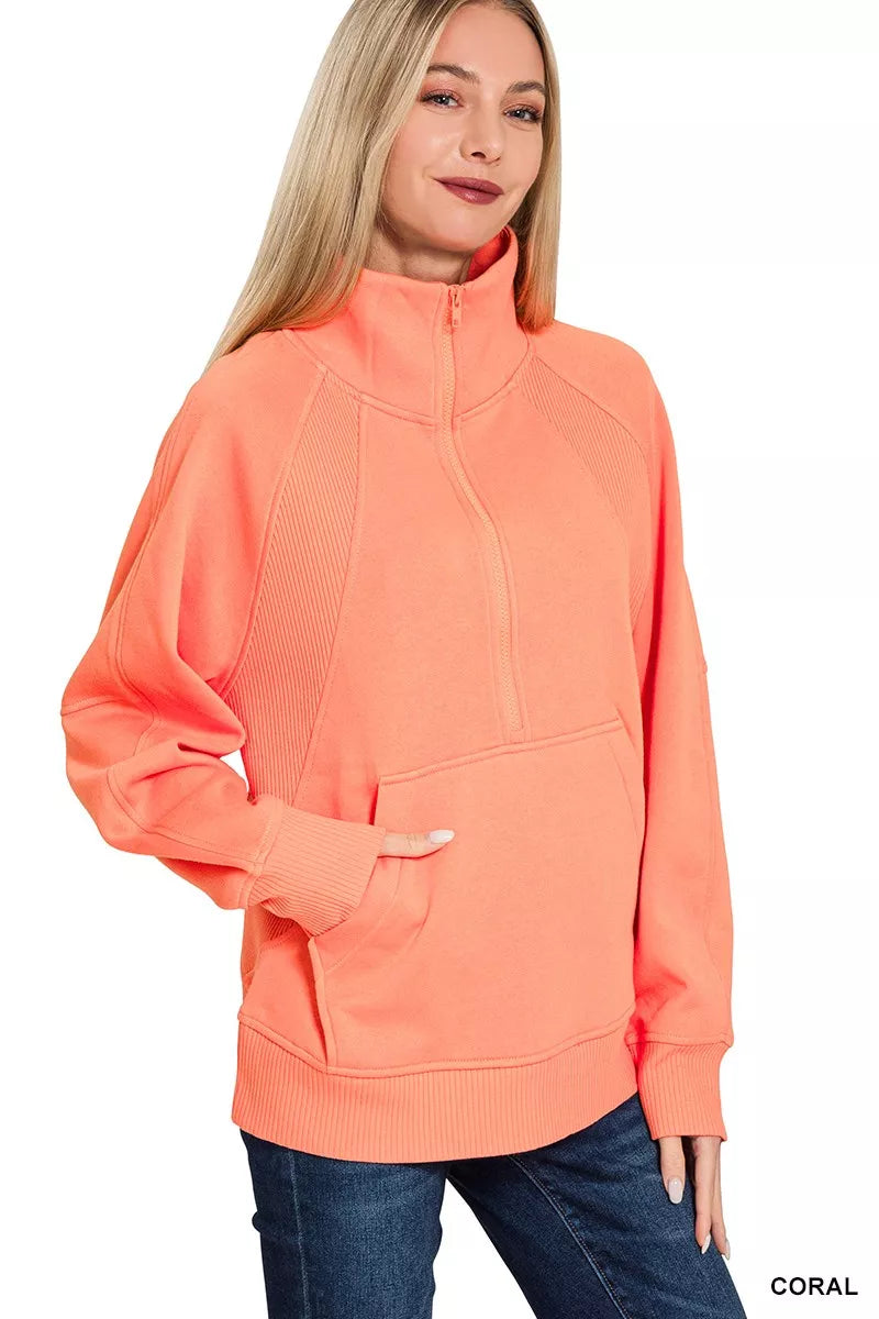 Half Zip Fleece Sweatshirt - Coral