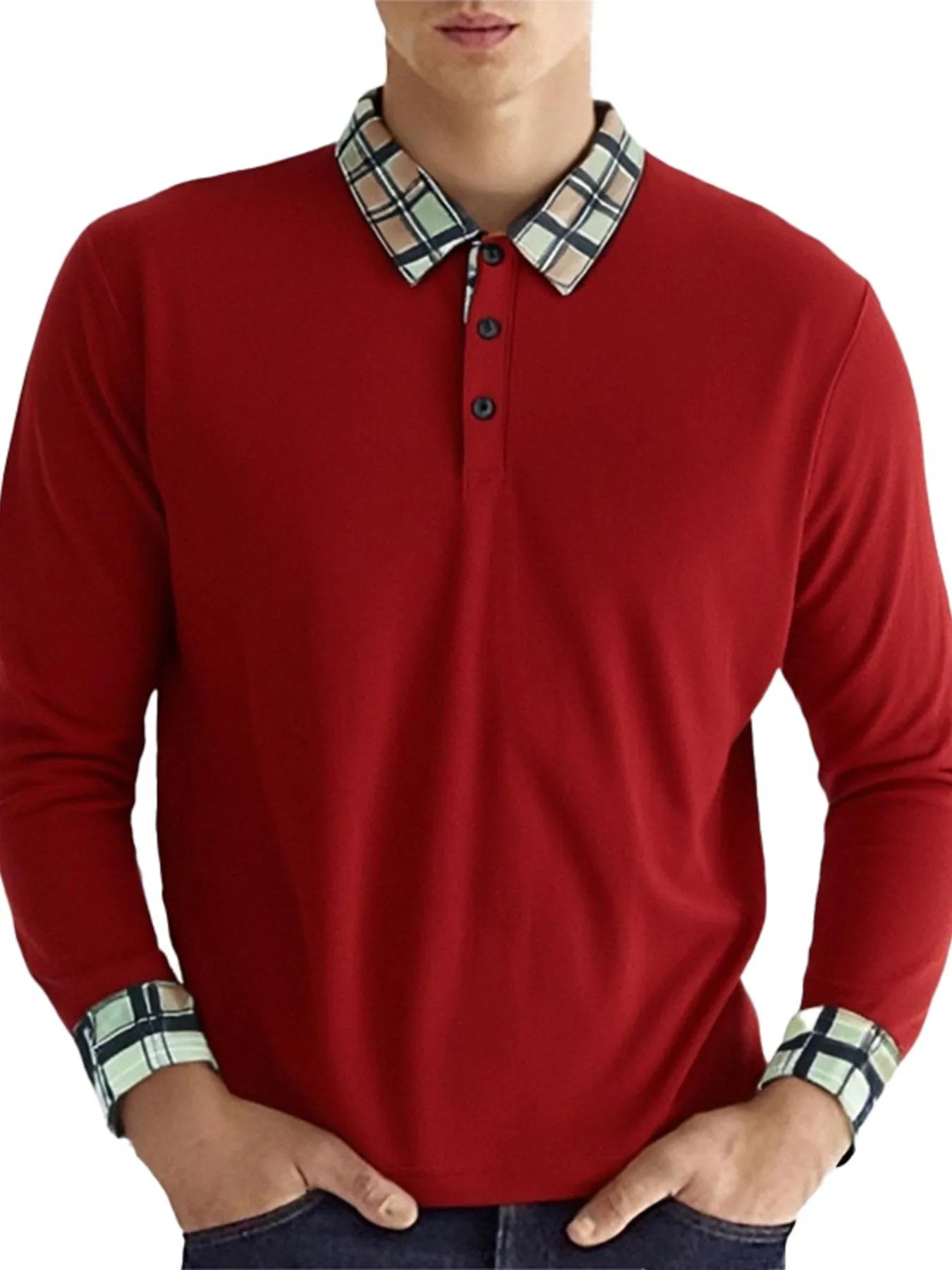 Men's Contrast Plaid Collar Long Sleeve Polo