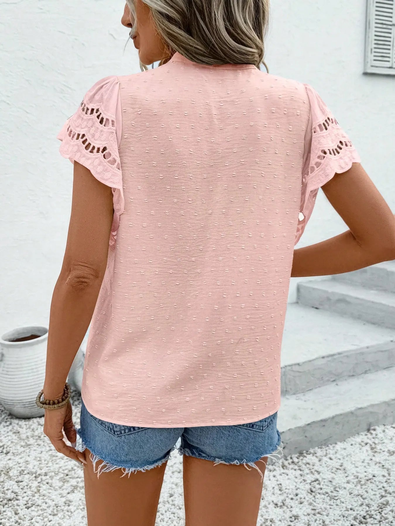 Swiss Dot Cutout Ruffle Blouse