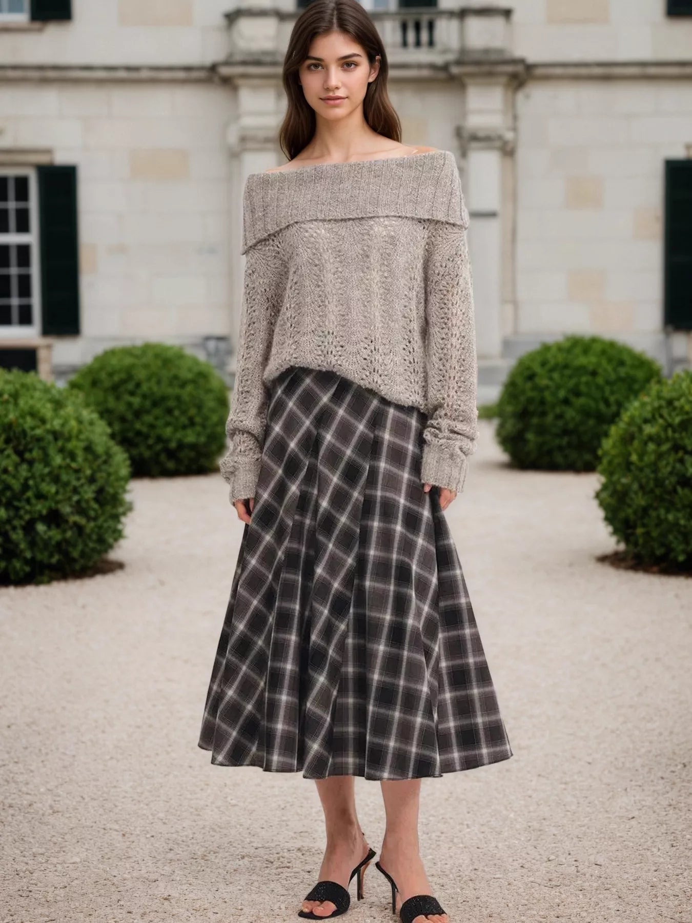 Pleated Plaid Midi Skirt