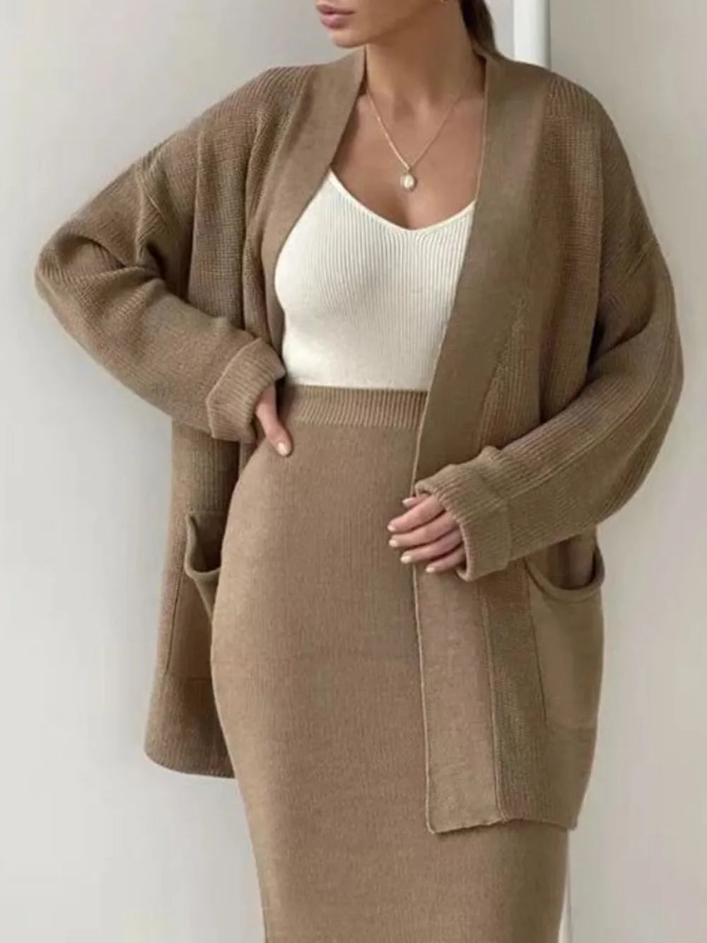 Open Front Cardigan and Midi Skirt Sweater Set