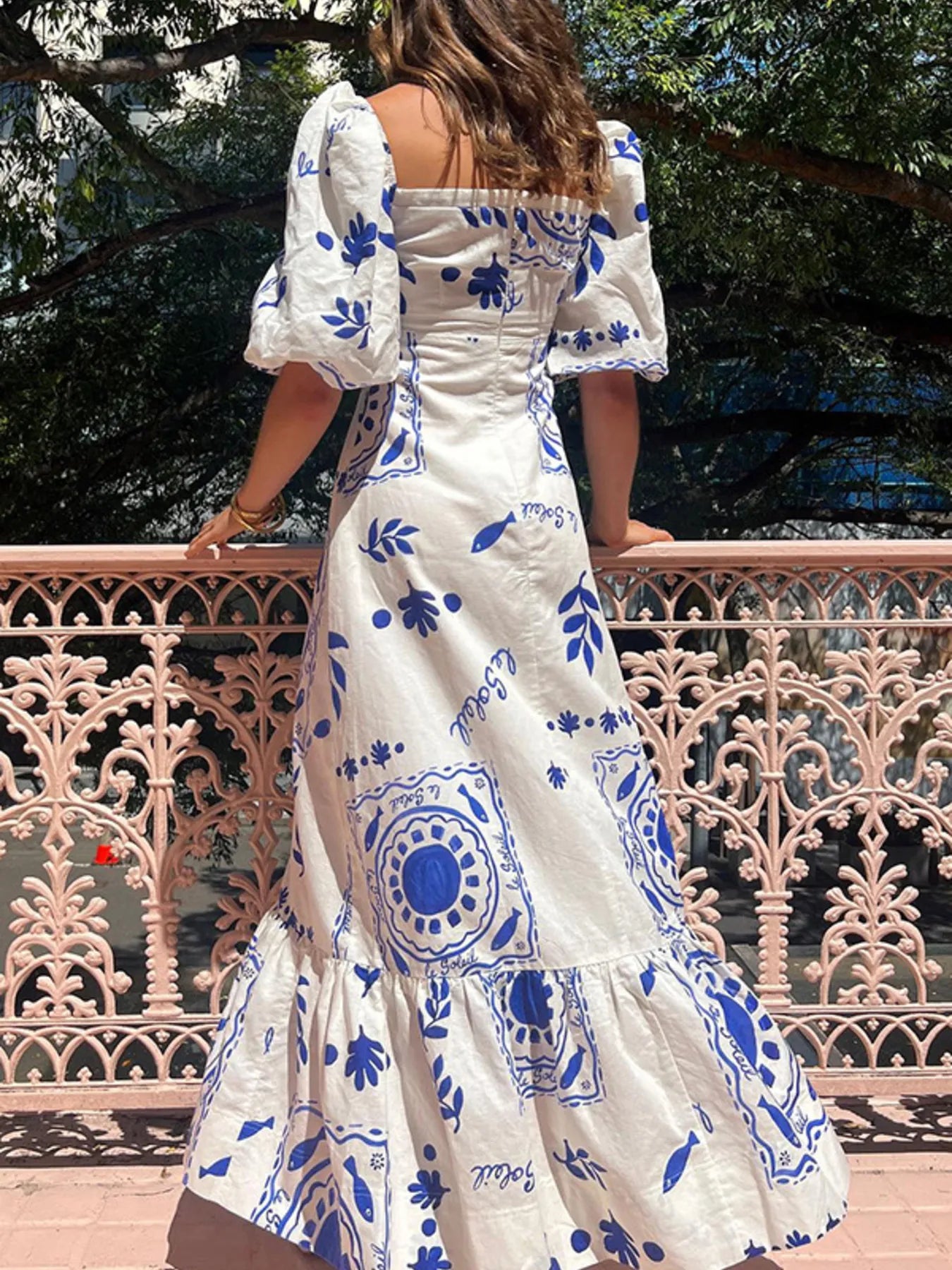 Floral Square Neck Puff Sleeve Maxi Dress