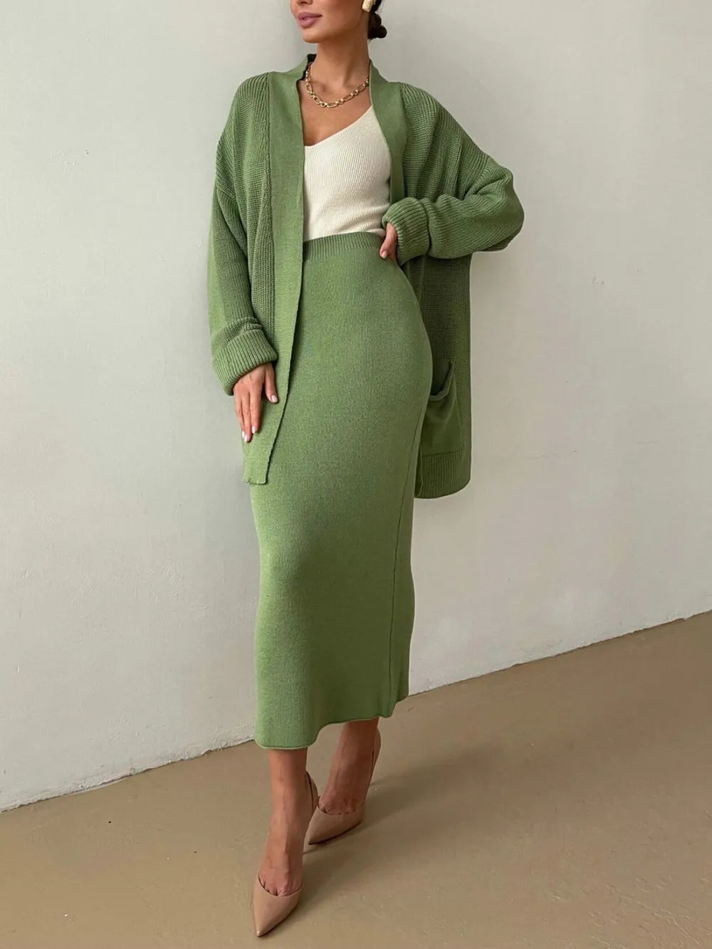 Open Front Cardigan and Midi Skirt Sweater Set