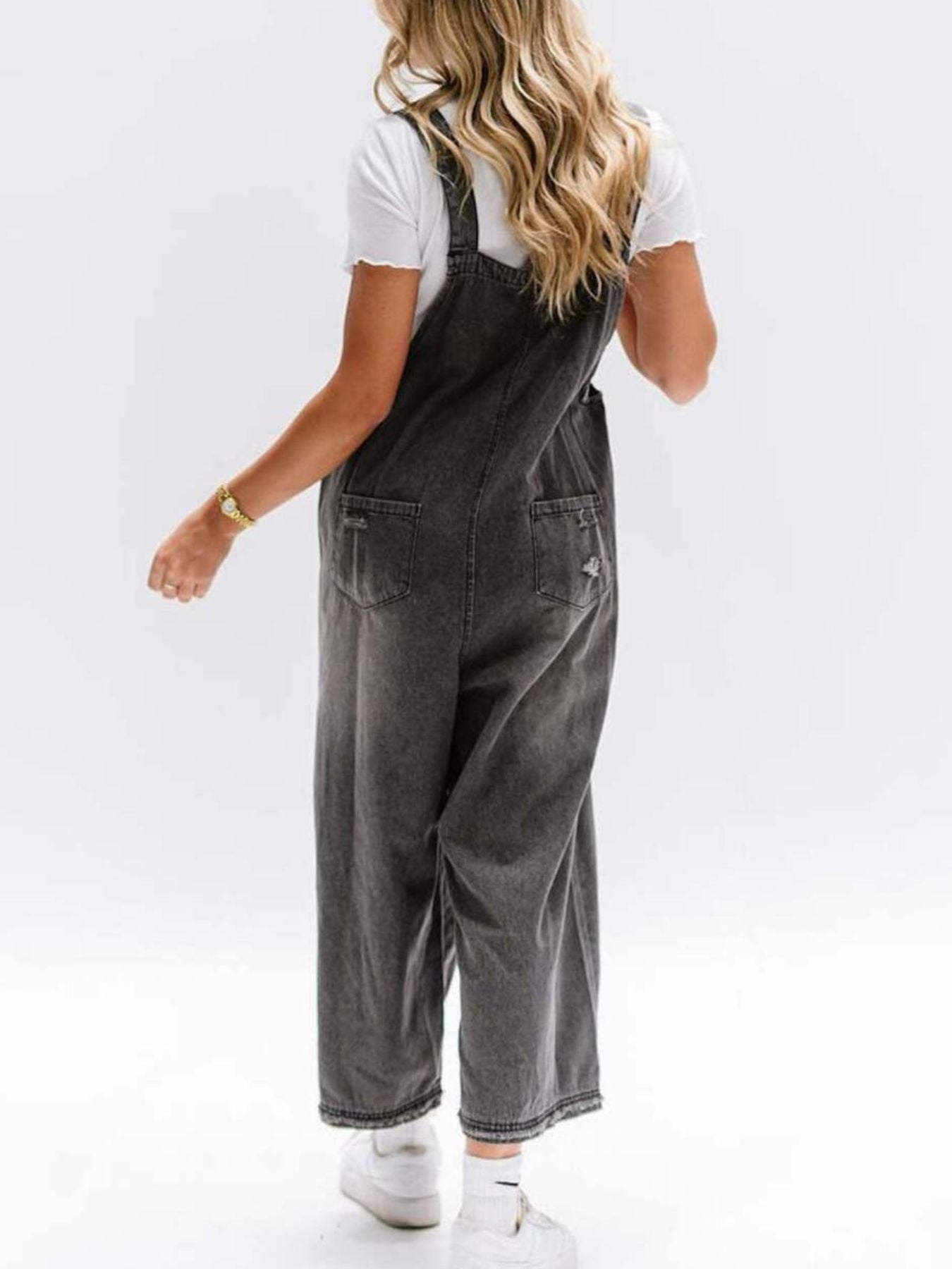 Distressed Wide Leg Denim Overalls - Detail View 8