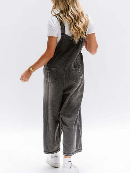 Distressed Wide Leg Denim Overalls - Detail View 8