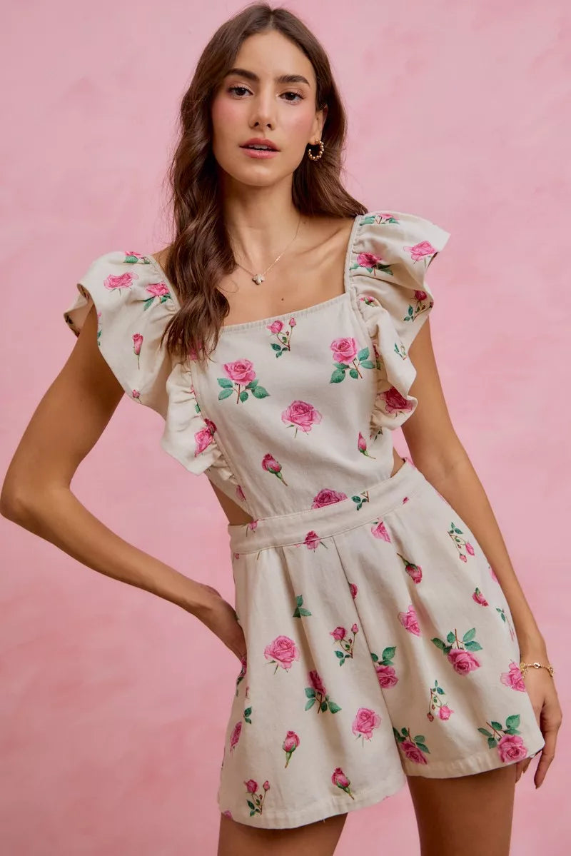 Floral Print Denim Ruffled Romper
