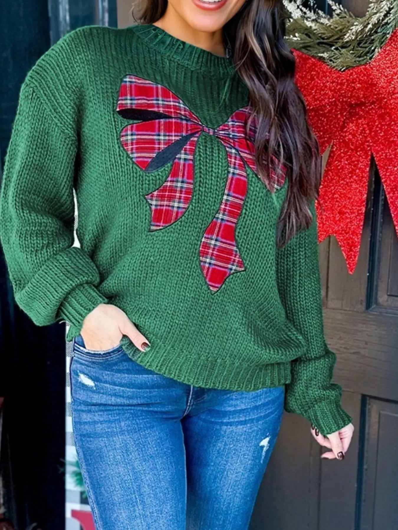Festive Plaid Bow Sweater