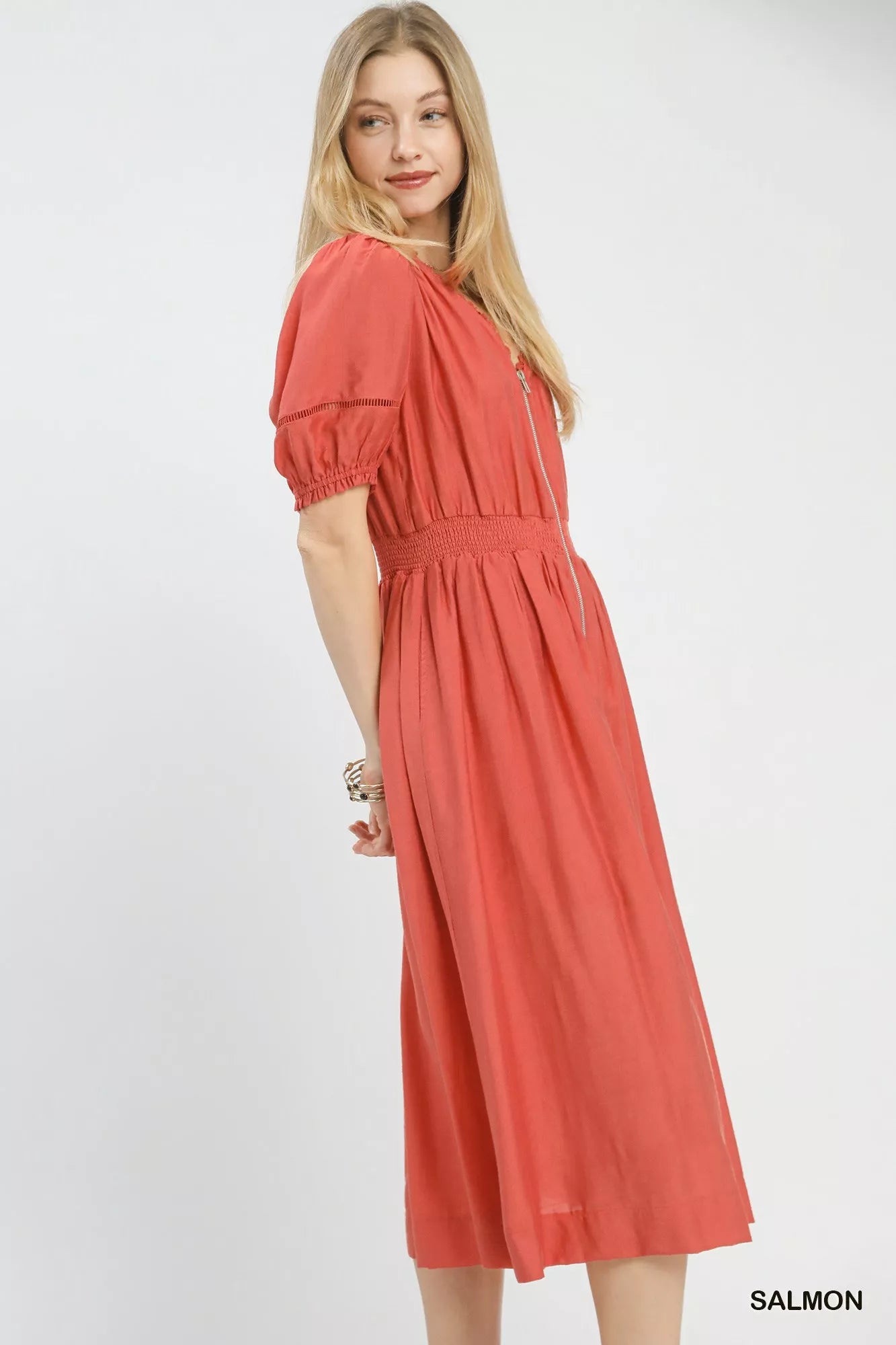 Zip-Front Smocked Waist Midi Dress - Side View