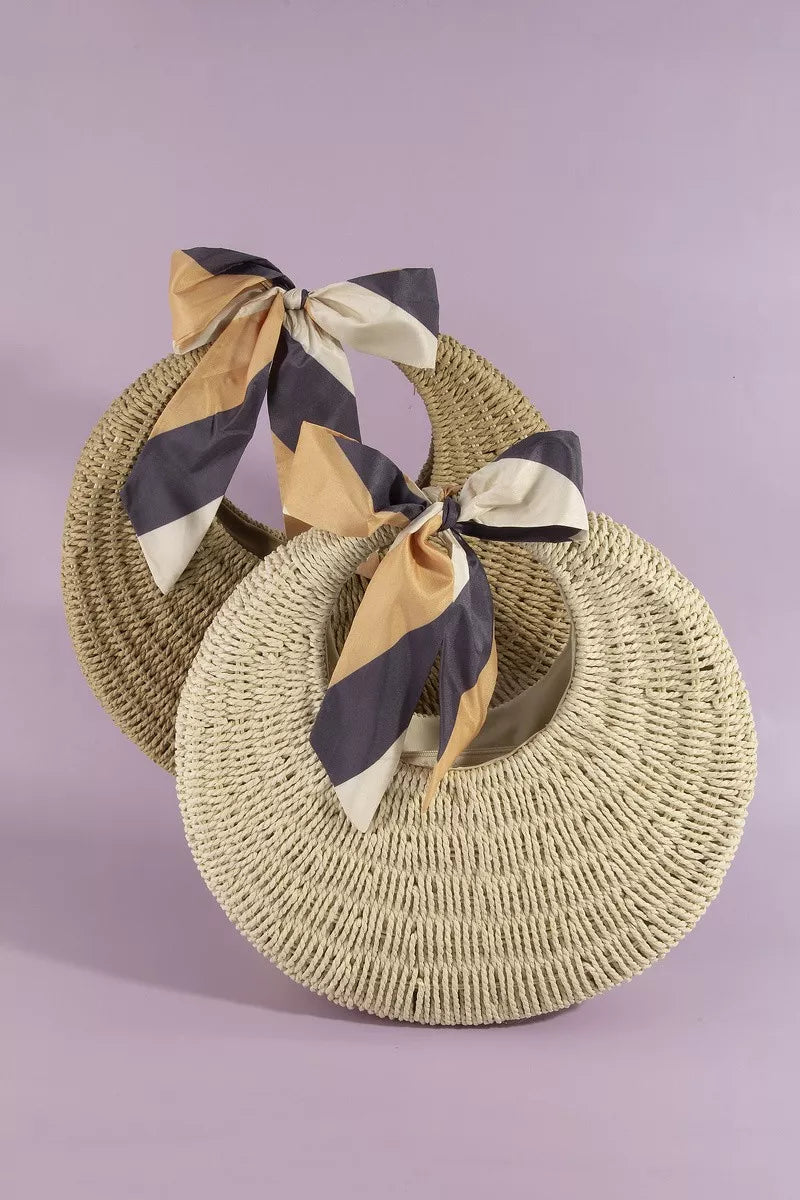 Round Woven Straw Bag With Bow Scarf Accent