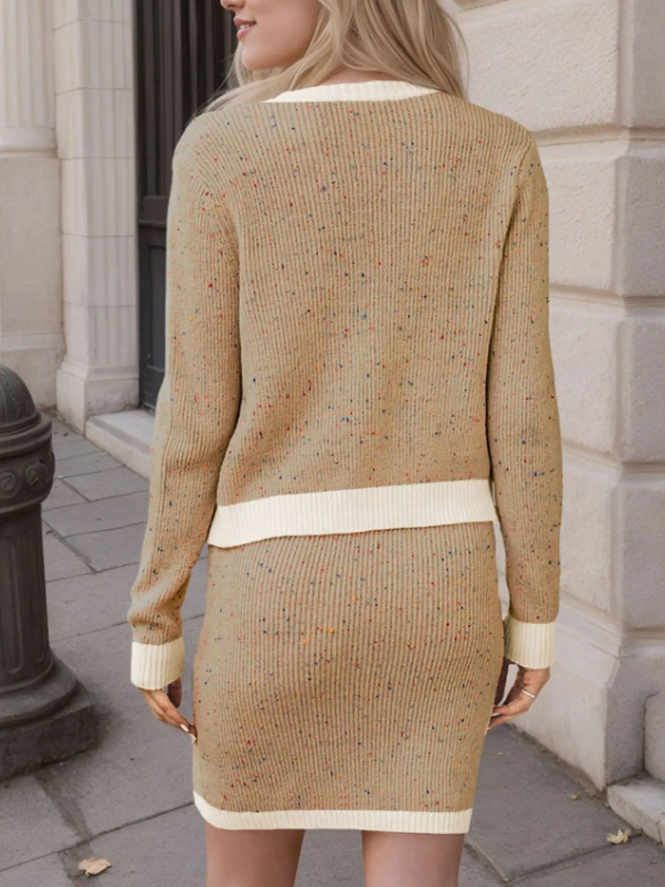 Ribbed Cardigan and Skirt Sweater Set