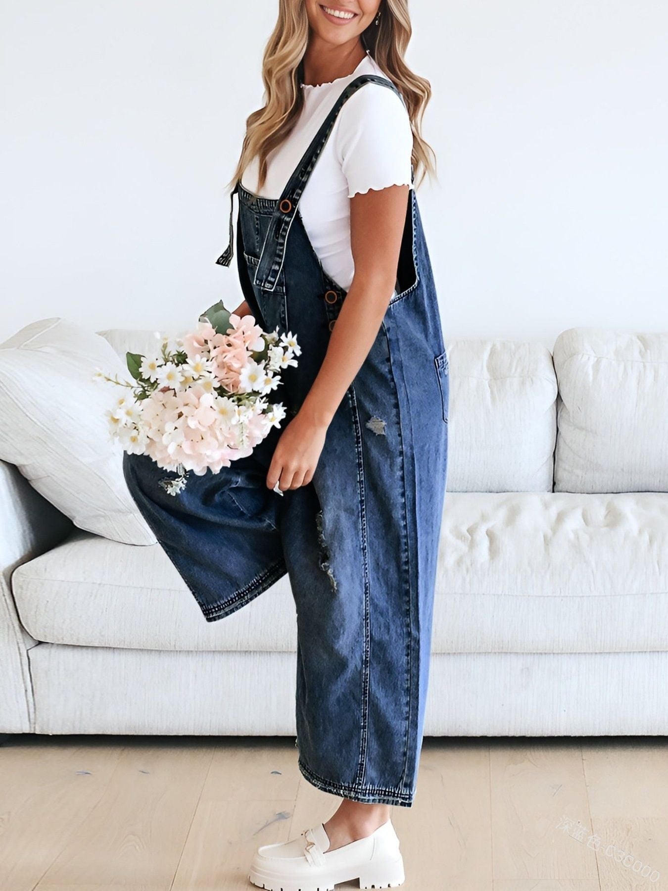 Distressed Wide Leg Denim Overalls - Detail View 10