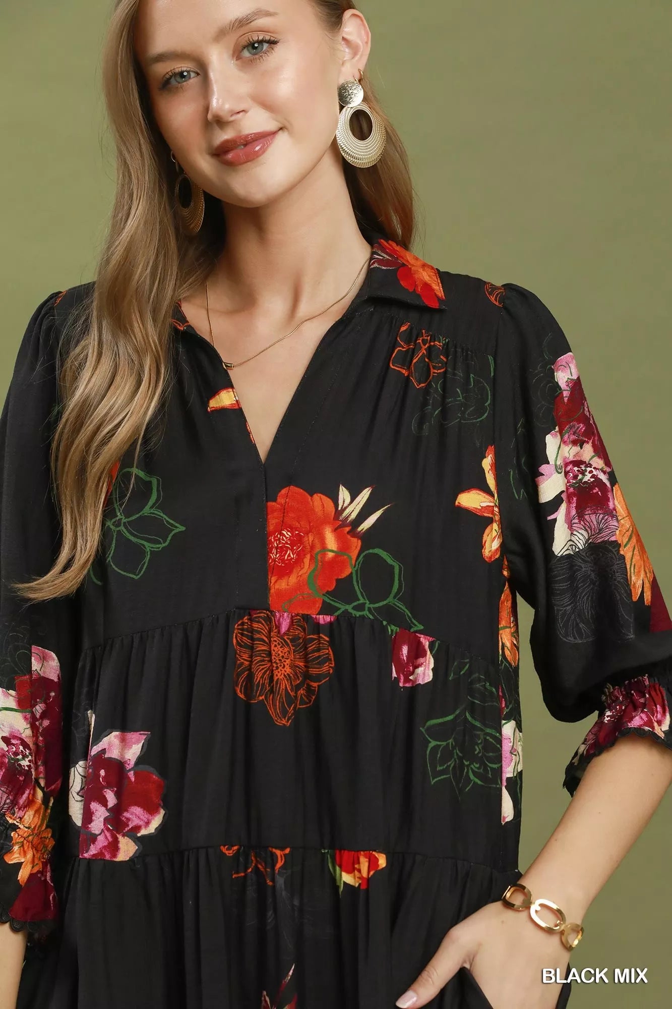 Black Floral Print Tiered Midi Dress