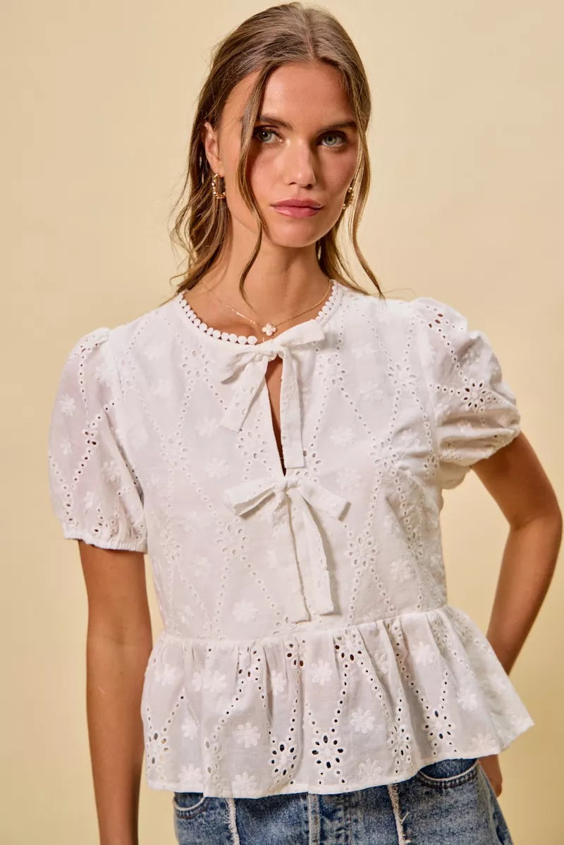 Eyelet Front Tie Blouse