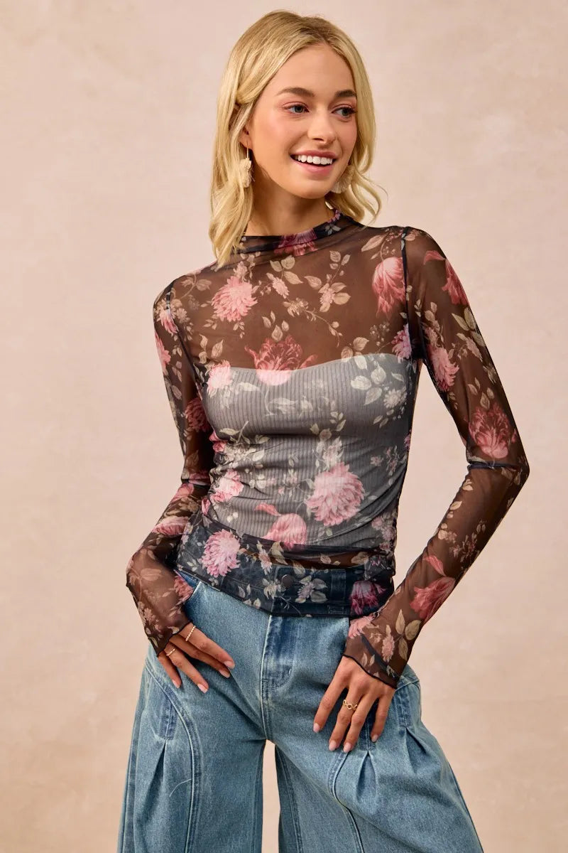 Flower Print Mesh Lace Top