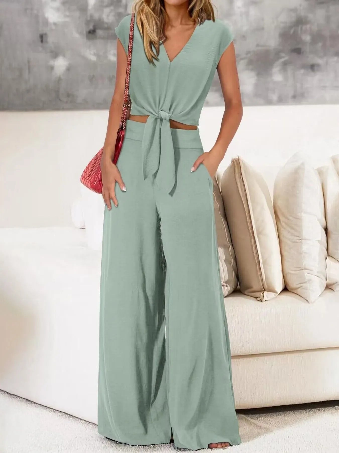 Casually Cool Tie Front Top and Wide Leg Pants Set