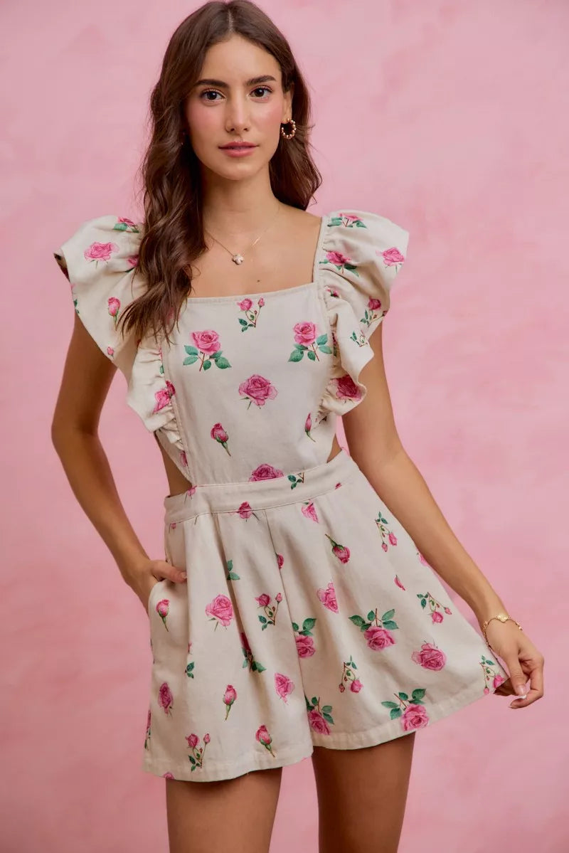 Floral Print Denim Ruffled Romper
