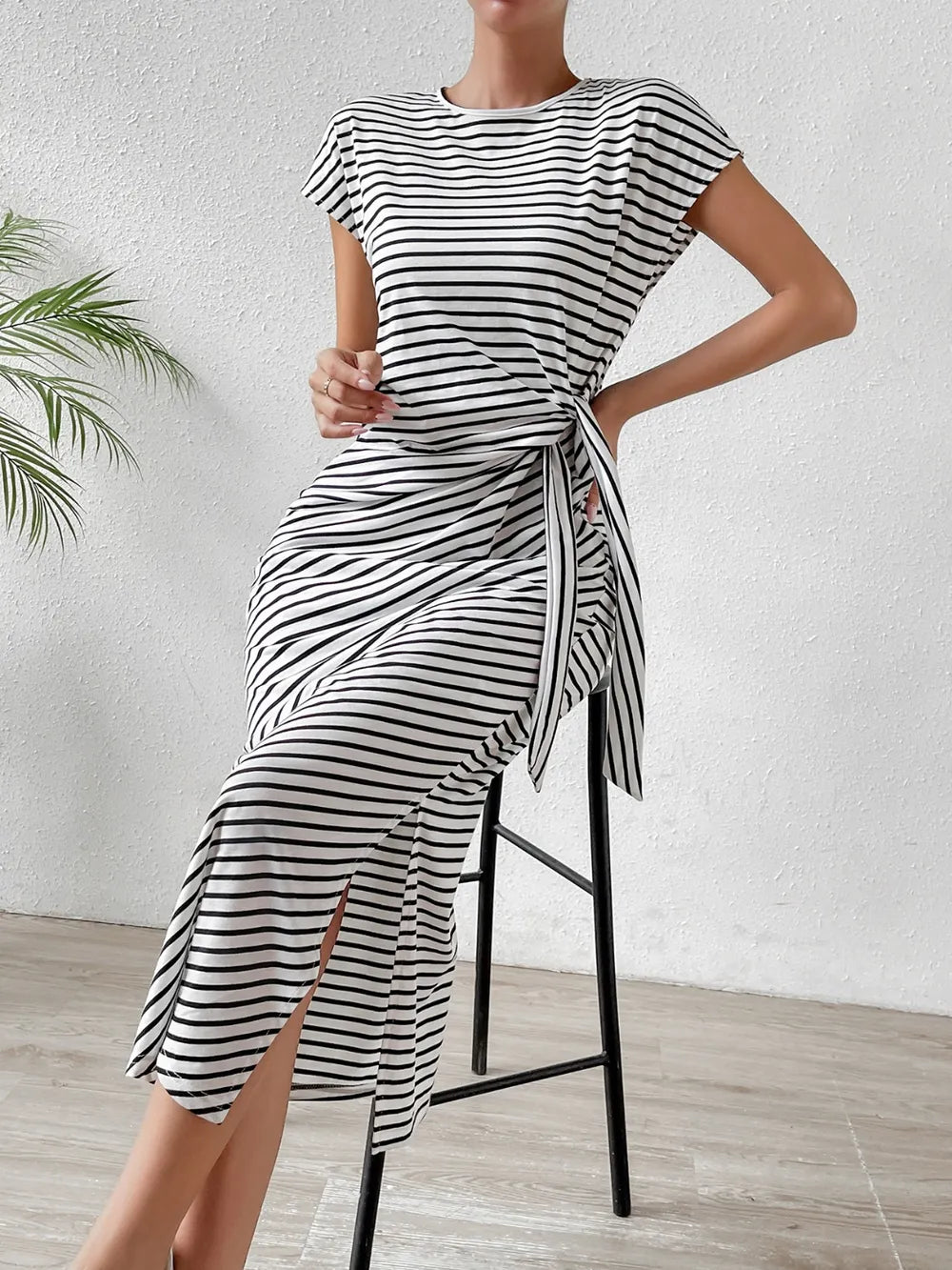 Side Tie Striped T-Shirt Dress