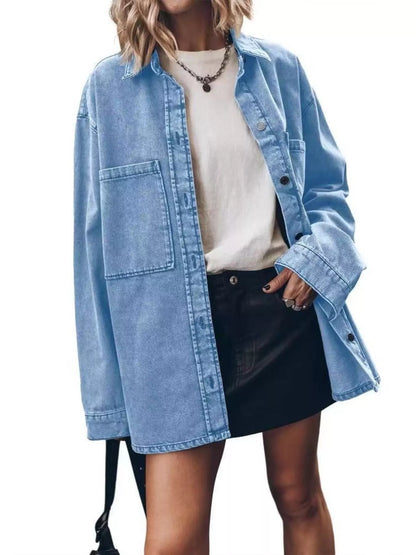 Oversized Button Up Denim Shirt - Front View