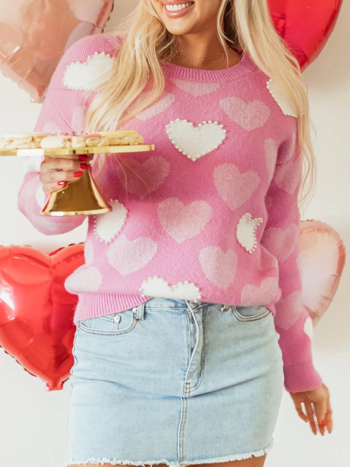 Pearled Heart Print Sweater