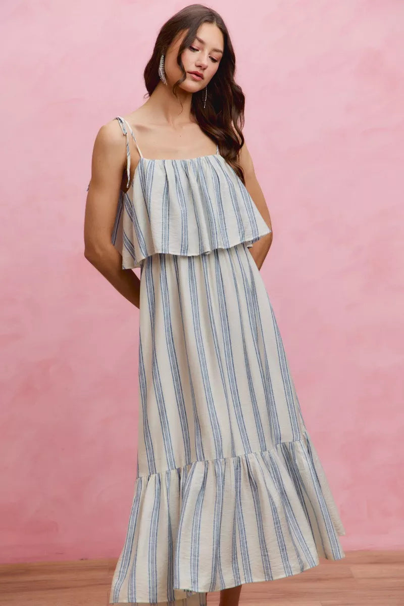 Stripe Shoulder Tie Midi Dress
