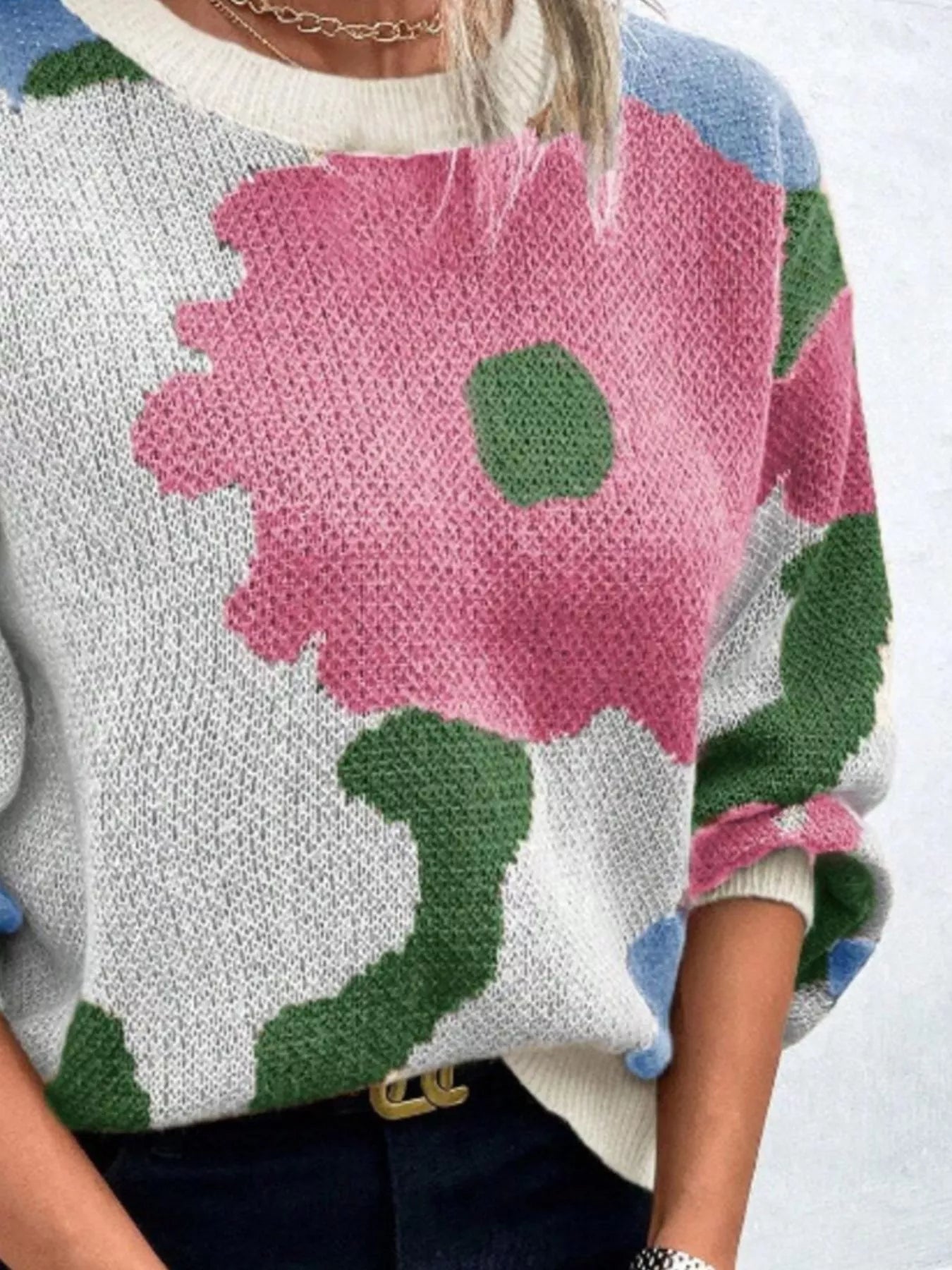 Floral Pattern Round Neck Sweater - Detail View 23