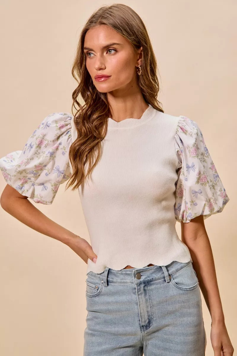 Floral Sleeve Scallop Sweater Top