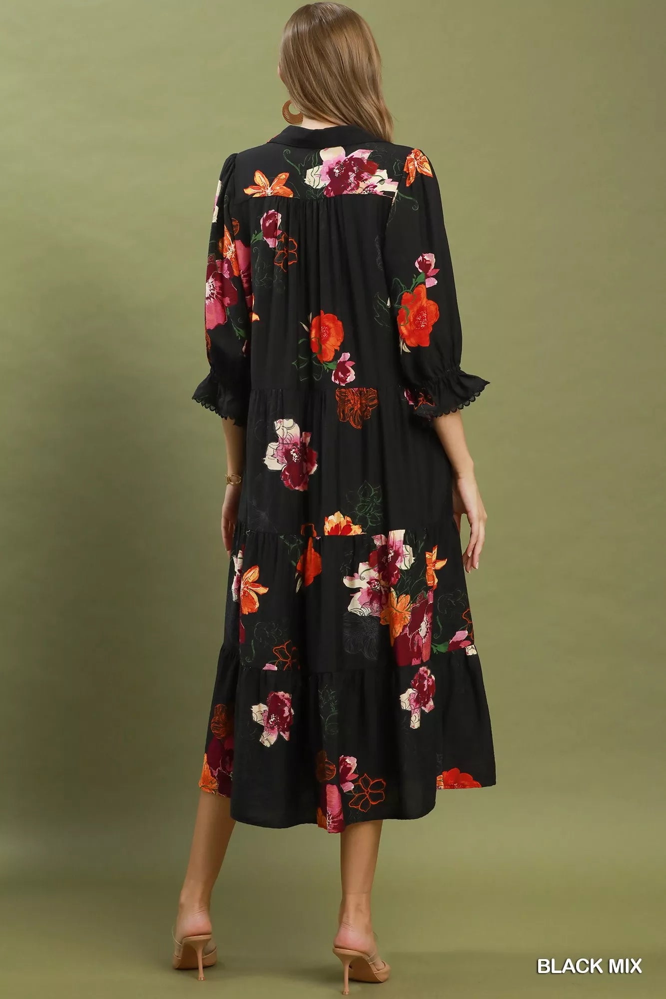 Black Floral Print Tiered Midi Dress