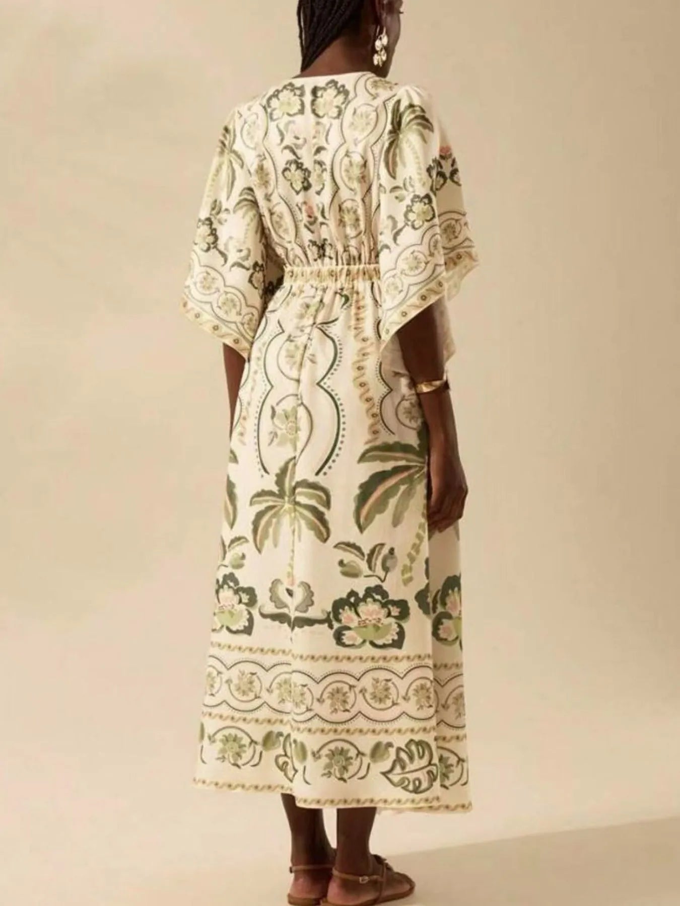 Silky Kimono Printed V-Neck Midi Dress