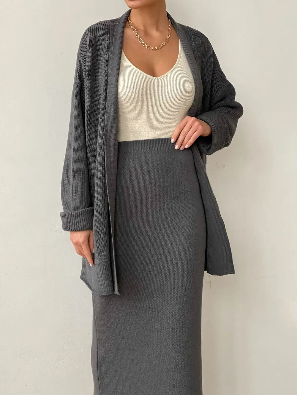 Open Front Cardigan and Midi Skirt Sweater Set