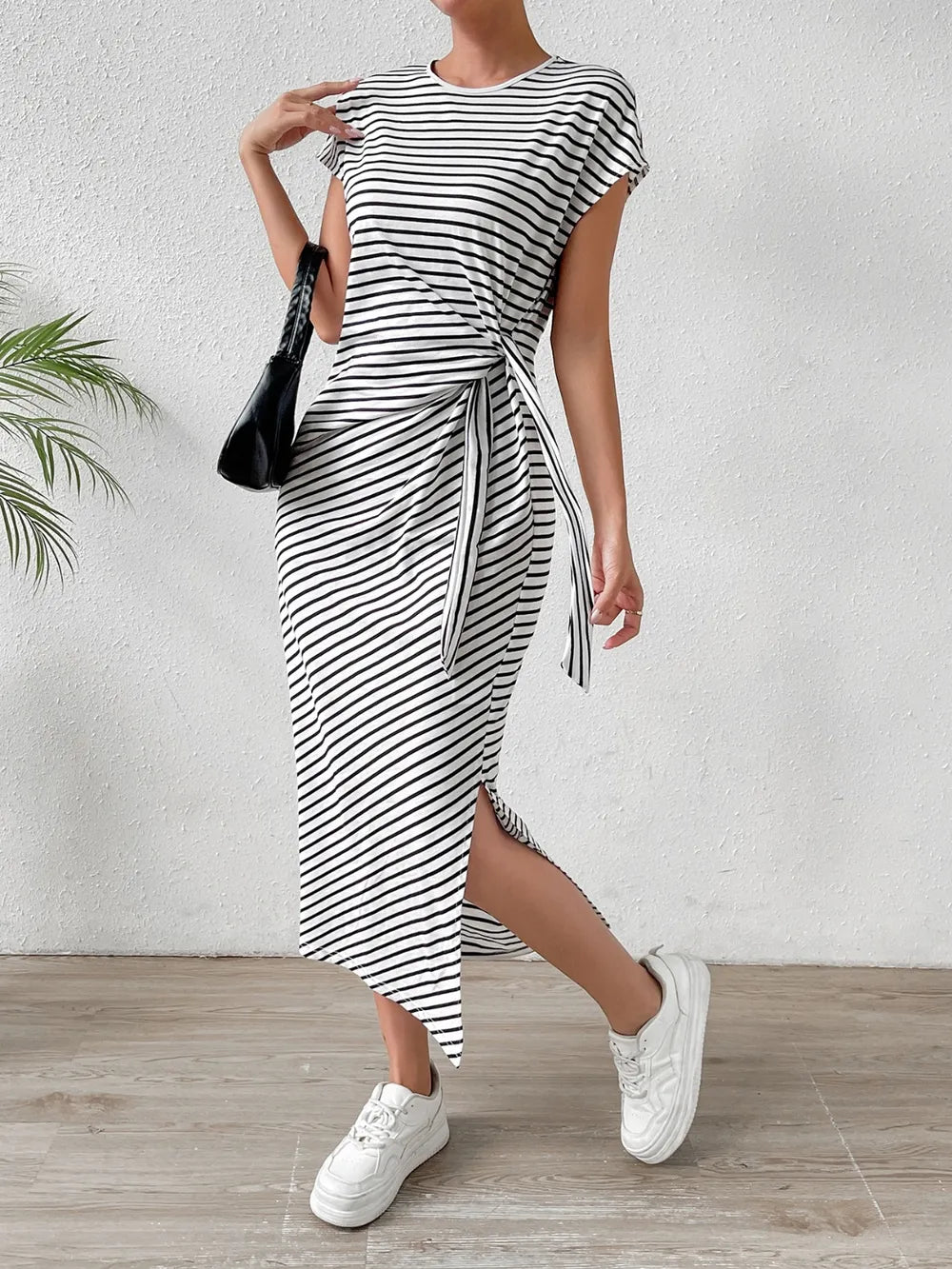 Side Tie Striped T-Shirt Dress
