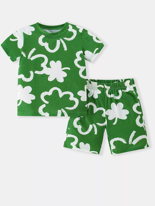 Lucky Clover Print T-Shirt and Shorts Set - Front View
