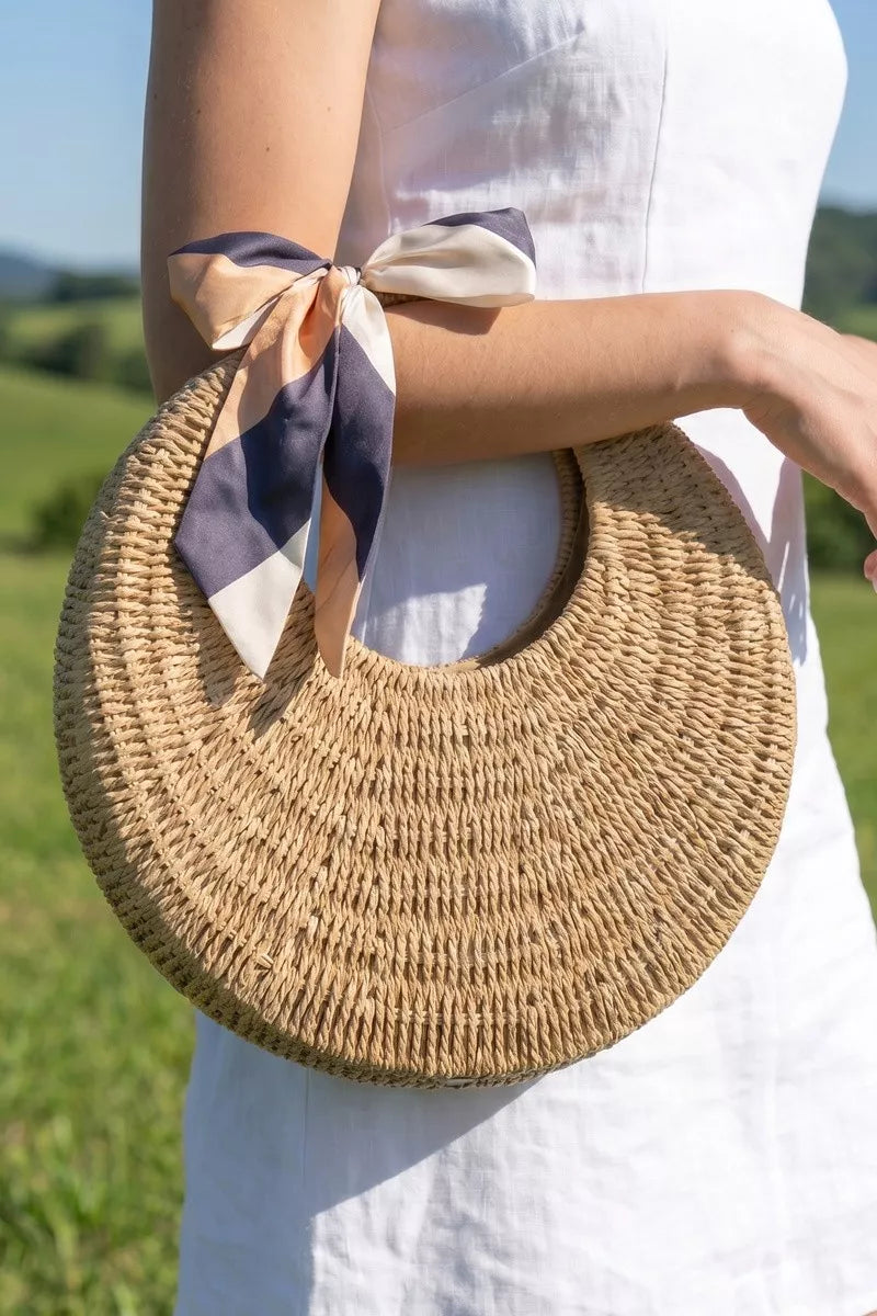 Round Woven Straw Bag With Bow Scarf Accent