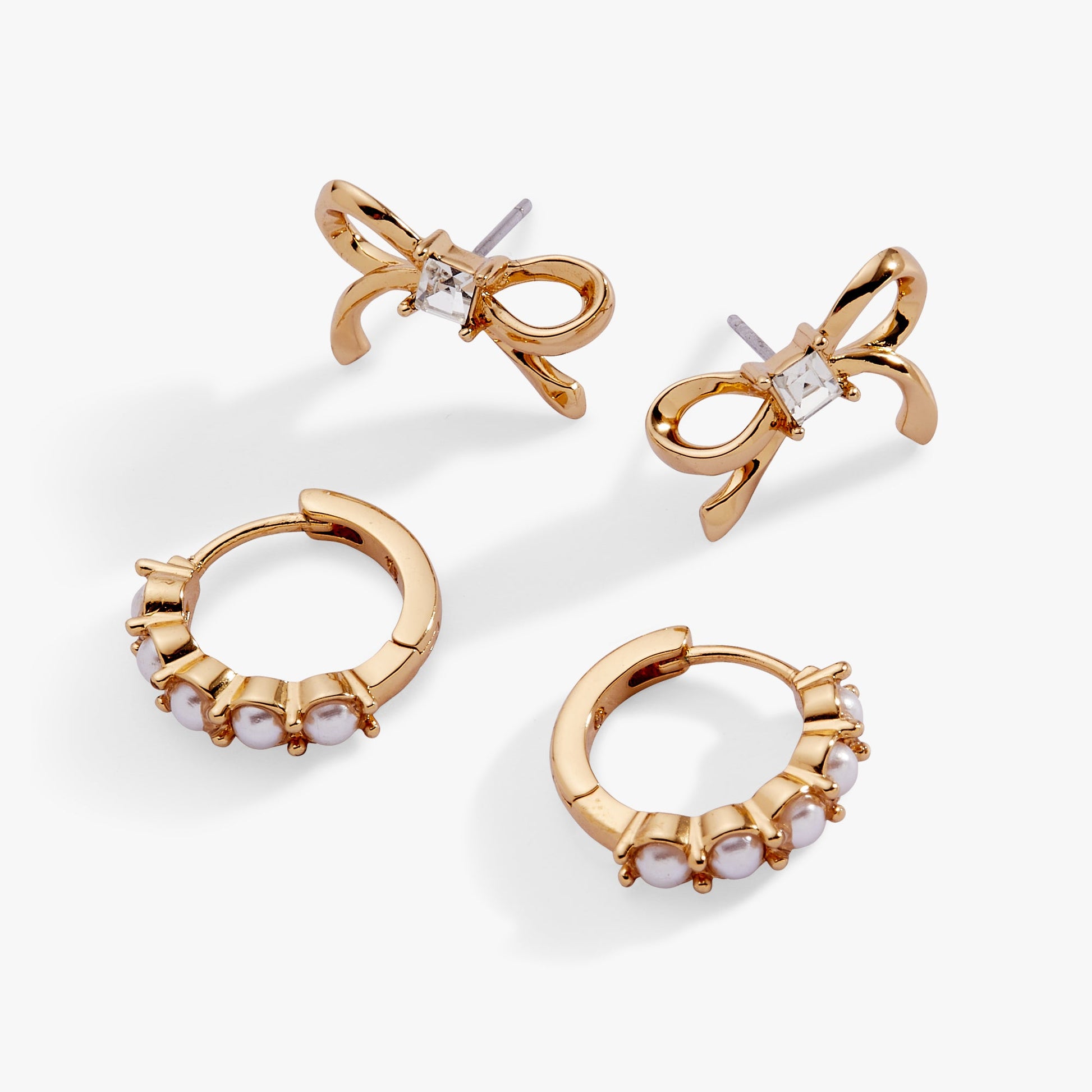 Bow Studs and Pearl Hoop Coquette Earring Set - Alex and Ani - Front View