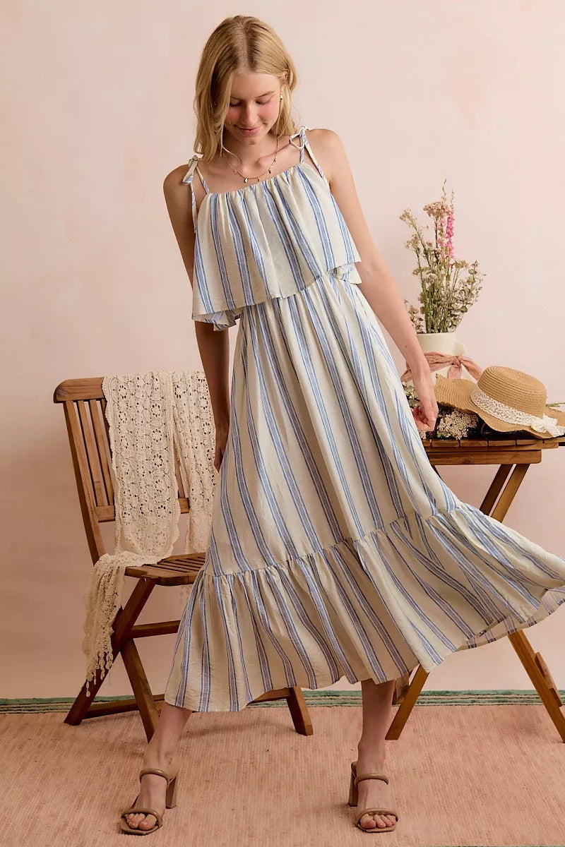 Stripe Shoulder Tie Midi Dress