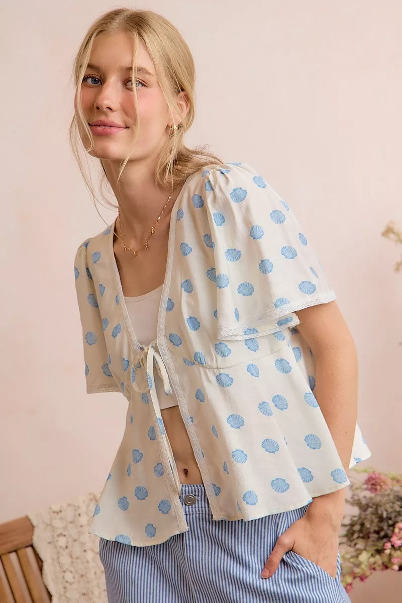 Shell Print Tie-Front Blouse