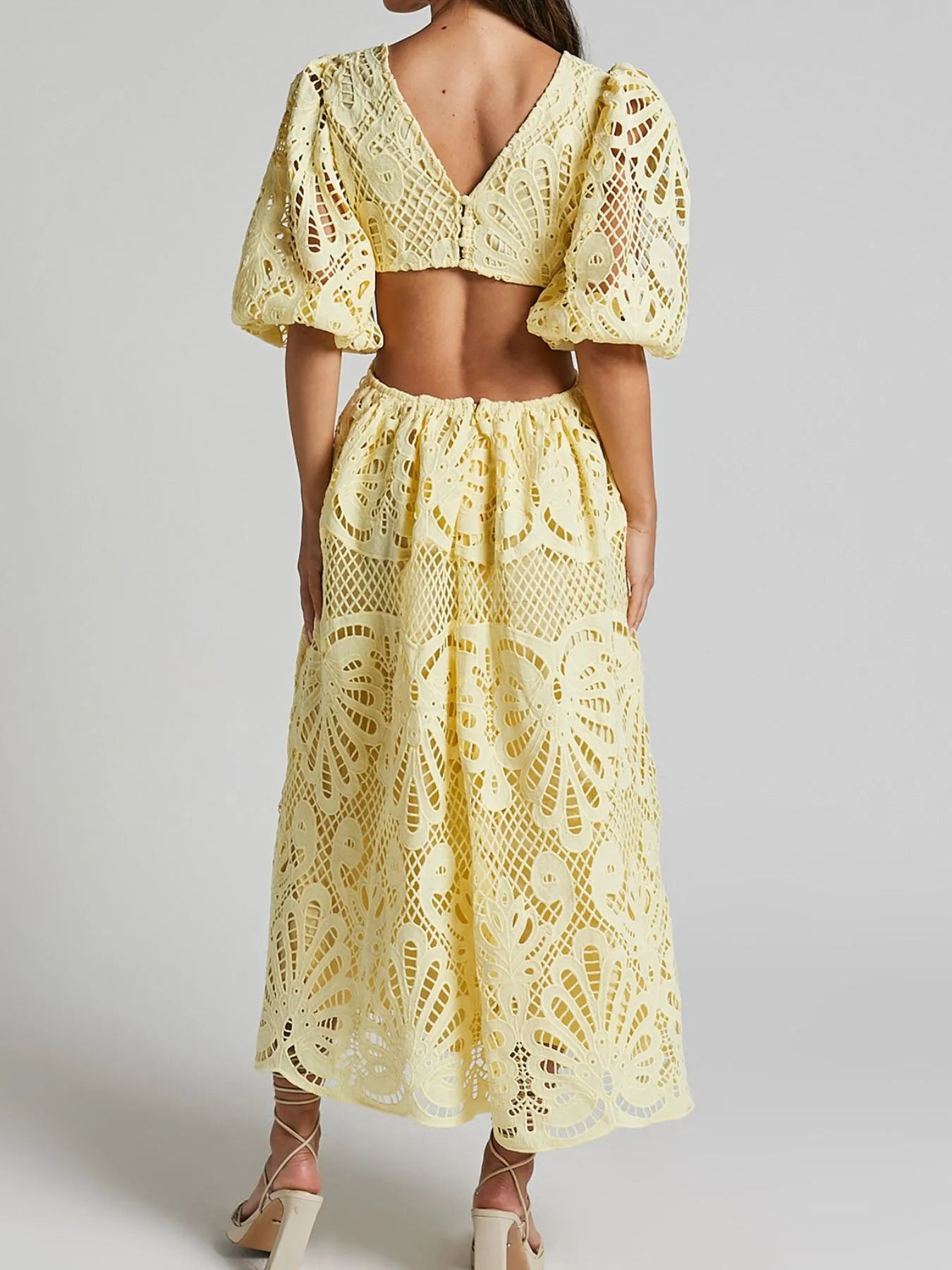 Cutout Back Lace Crochet V-Neck Dress - Detail View 4