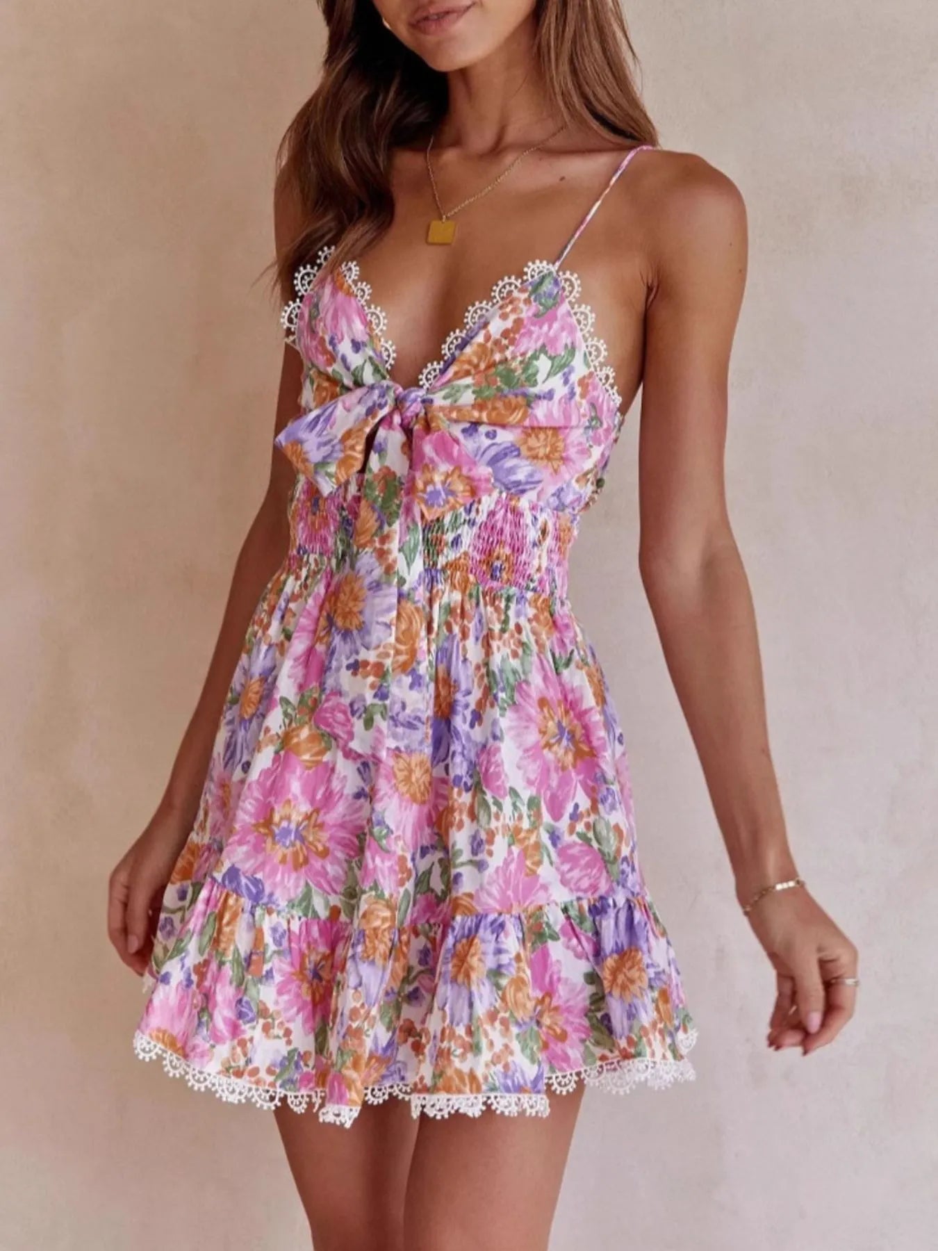 Floral Print Tie-Front Mini Dress with Lace Trim
