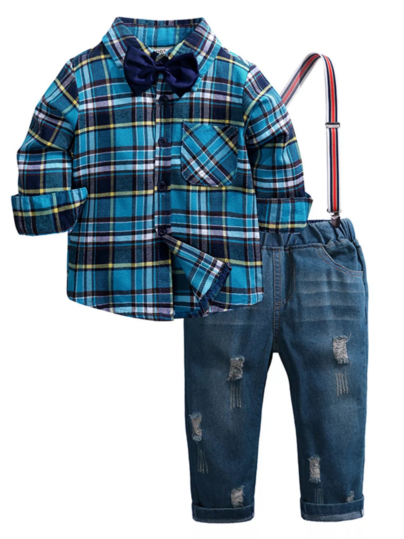 Boy's Plaid Shirt and Jeans Outfit Set