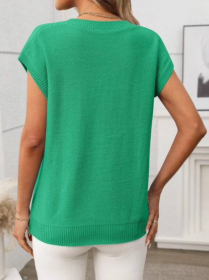 Back view of green Cable-Knit V-Neck Top showing clean knit finish and ribbed hem, perfect for layering.