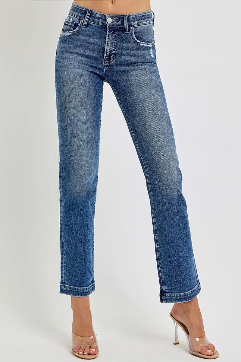Tummy Control Mid-Rise Straight Jeans with Elastic Waistband