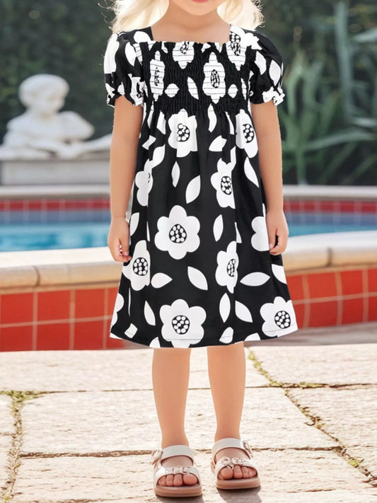 Black & White Floral Smocked Dress - Front View